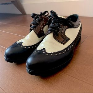 Leather/Patent Leather Wingtip Oxfords; Made in Italy